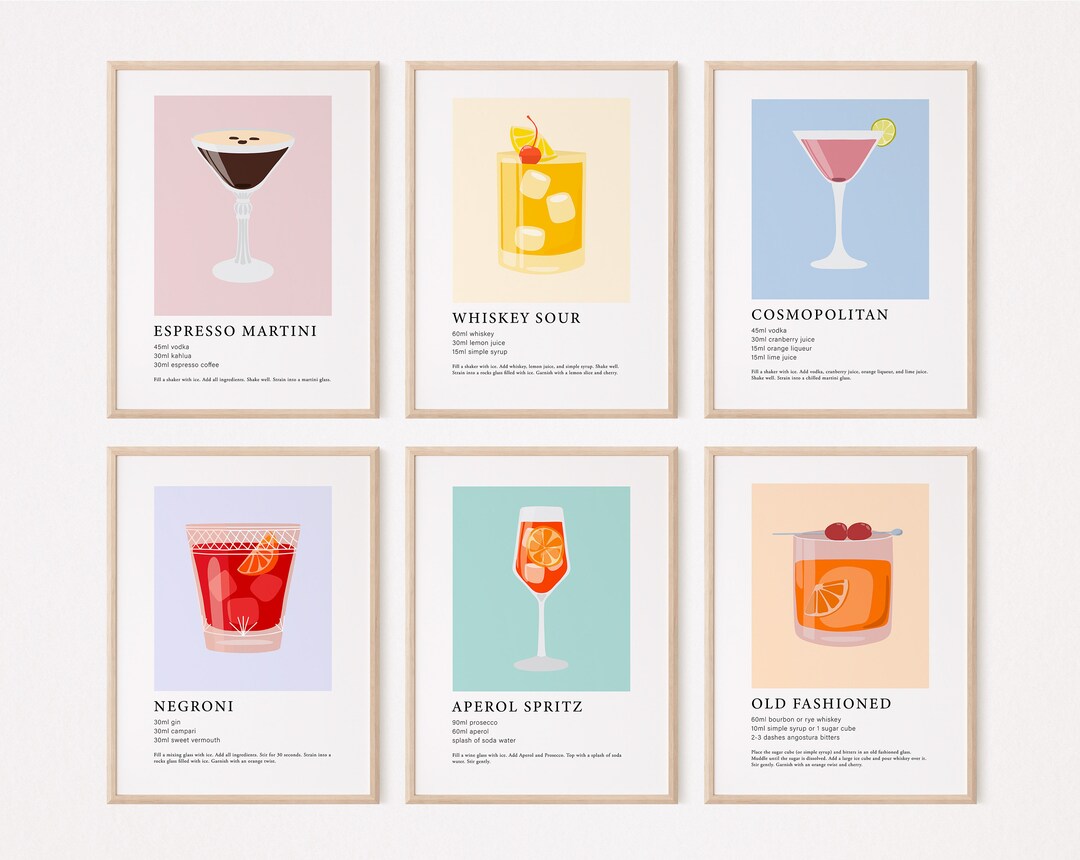 printable kitchen prints wall art, set of 6, hand... Set of 6 Cocktail Prints, Printable Bar Cart Prints, Wall Collage Kit ...
