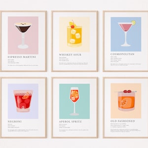 Set of 6 Cocktail Prints, Printable Bar Cart Prints, Wall Collage Kit, Danish Pastel Gallery Wall Set, Espresso Martini Aperol Spritz Print