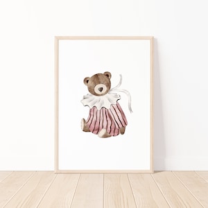 May include: A watercolor illustration of a brown teddy bear wearing a pink and white striped dress with a white collar and a white ribbon.