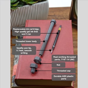 May include: A gray metal pen with a threaded body and a replaceable ink cartridge. The pen has a 0.7mm tip and is made of durable ABS plastic. The pen is shown with a nut and threaded cap, and the text "Real working threaded parts, 7/16"-14 UNC" is visible.
