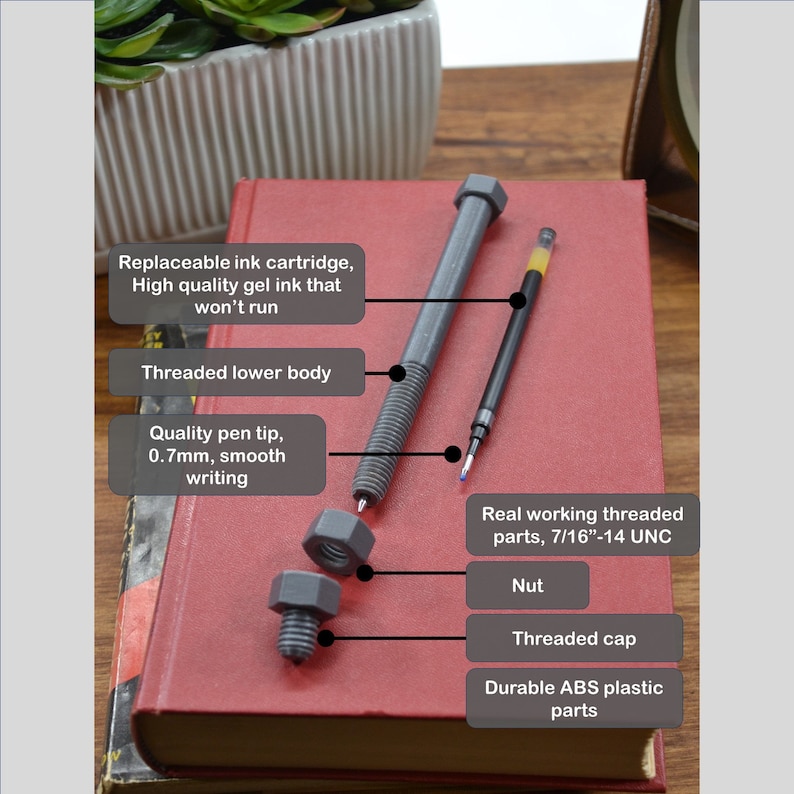 May include: A gray metal pen with a threaded body and a replaceable ink cartridge. The pen has a 0.7mm tip and is made of durable ABS plastic. The pen is shown with a nut and threaded cap, and the text "Real working threaded parts, 7/16"-14 UNC" is visible.