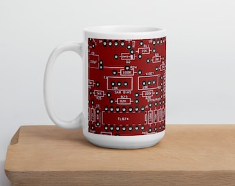 A red PCB mug for Engineers, Scientists and Technology Enthusiasts