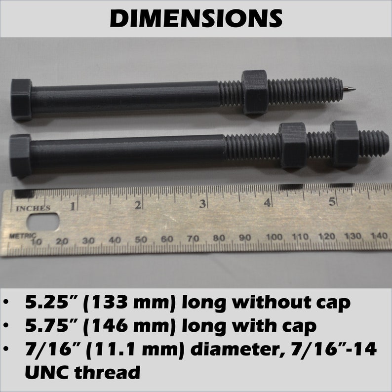 May include: Two gray metal bolts with hexagonal heads and nuts. The bolts are 5.25 inches (133 mm) long without the cap and 5.75 inches (146 mm) long with the cap. The bolts have a 7/16 inch (11.1 mm) diameter and a 7/16-14 UNC thread.