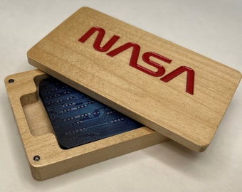 Personalized Wooden Business Card Case: Engraved NASA Design