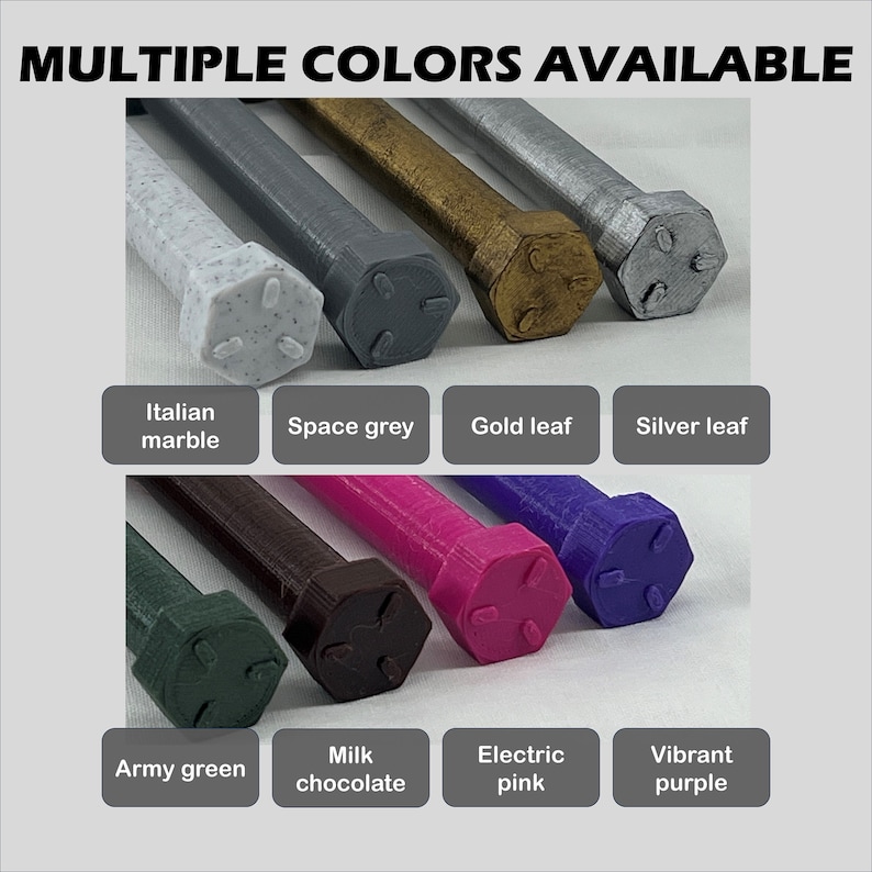 May include: Multiple colors of hexagonal shaped pen holders. The colors are Italian marble, space grey, gold leaf, silver leaf, army green, milk chocolate, electric pink, and vibrant purple.