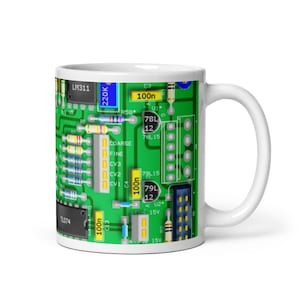 A green PCB mug with components for Engineers, Scientists and Technology Enthusiasts