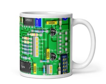 A green PCB mug with components for Engineers, Scientists and Technology Enthusiasts