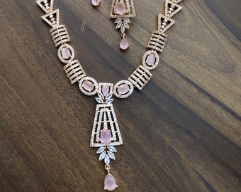 Conjunto de collar rosa de oro rosa de diamantes/joyería de declaración/conjunto de diamantes rosas de laboratorio/conjunto de diamantes elegante/conjunto de diamantes Cz/gargantilla Cz