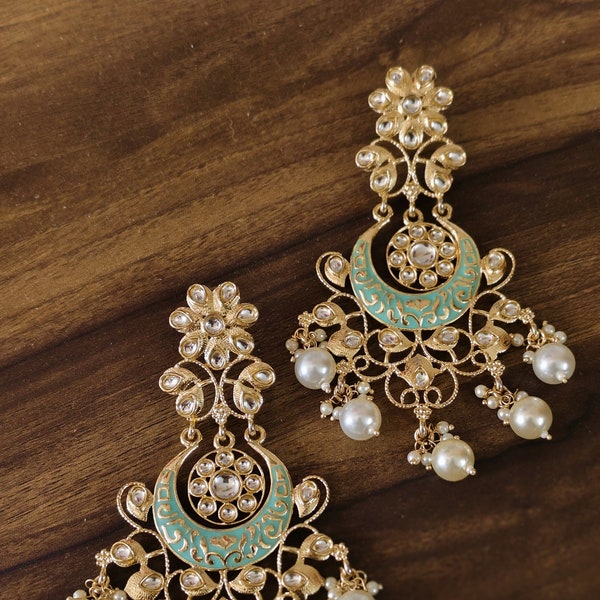 Mint Green Kundan Earrings/ Meenakari earrings/ White Pearl Long Earrings/ Indian earrings/ Indian Jewelry/ Polki meenakari Chandbalis