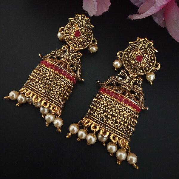 Gold Temple Earrings / Temple Jewelry / South Indian Earrings/ Peacock Earrings / Traditional Earrings/ Indian Jewelry/ Amrapali earrings