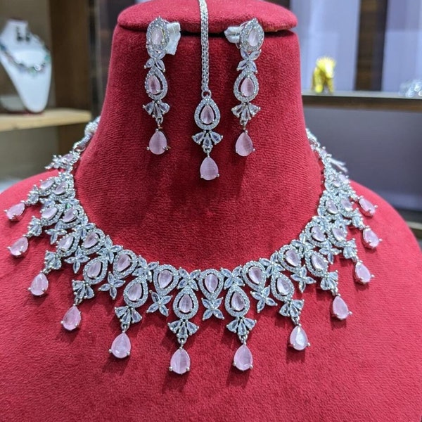 Very Beautiful Simple CZ ad Choker Necklace Set with Mangtika / Celebrity jewelry / Sabyasachi Inspired AD Jewelry /Silver CZ Choker