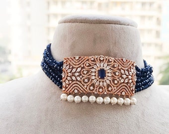 Conjunto de collar de plata blanca con diamantes esmeralda/Joyería de declaración / Conjunto de diamantes azules de laboratorio / Conjunto de diamantes elegante / Conjunto de diamantes Cz / Gargantilla Cz