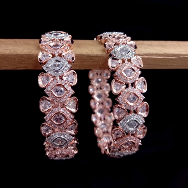 Pair of Rose Gold CZ  bracelet | uncut polki kundan openable | sabyasacchi bangle wedding jewelry | Indian Pakistani CZ AD Bangles