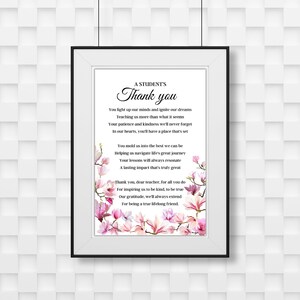 Teacher Appreciation Gift, Teachers Thank You Gift, A Student&#39;s Thank You Poem, End of Year Teacher Gift, Teachers Printable Poem