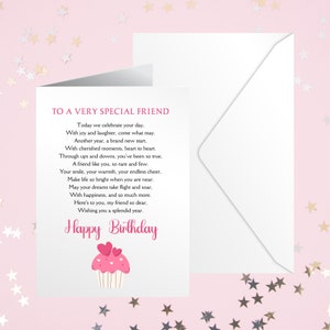 Auguri di compleanno per un amico molto speciale, biglietto di compleanno per amico, biglietto di compleanno con poesia stampabile per un'amica, biglietto di compleanno per lei