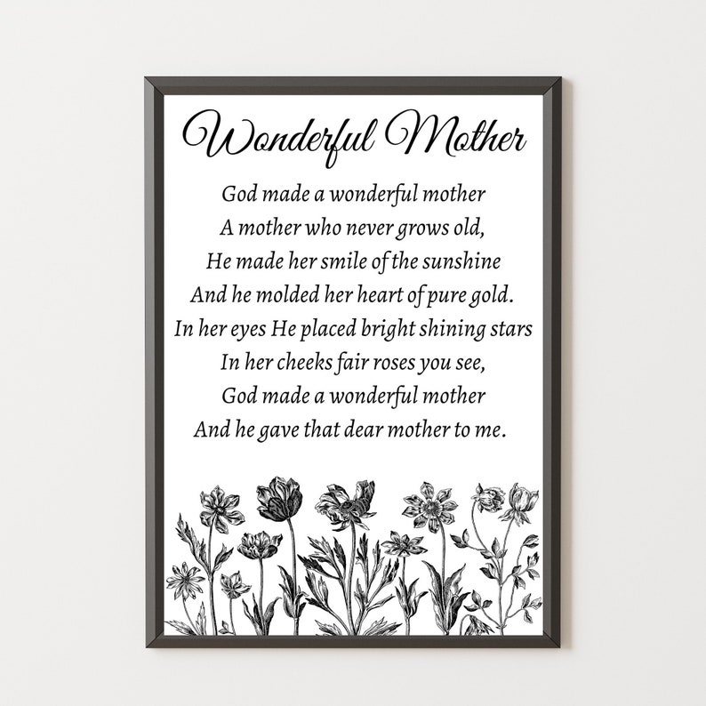 Wonderful Mother Poem, Gift for Mother, Printable Wall Art, Mother Poem ...