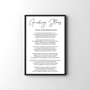 May include: A black and white printable poem titled "Guiding Stars: A Poem To Our Beloved Parents". The poem is a tribute to parents who have passed away, expressing love and gratitude for their guidance and presence in life.