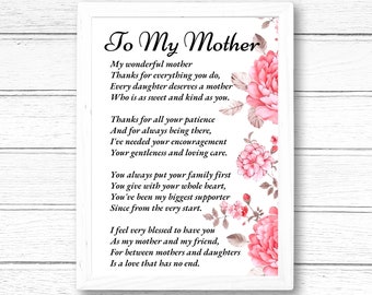 Mother Poem, Gift for Mother, Mother Poetry Wall Art, Mother Poem Print, Mothers Day Gift, Mum Poem, Mom Poem, Birthday Gift, Gift for Mum