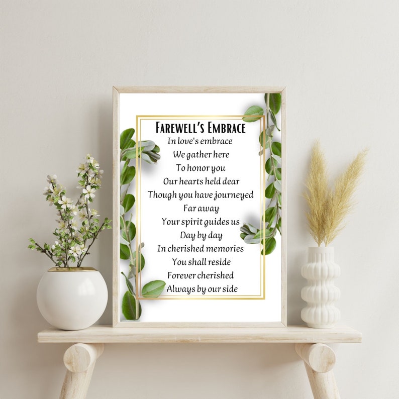 Farewells Embrace, Bereavement Poem Wall Art, Funeral Poem, Memorial Poem for Loss of Loved One ...