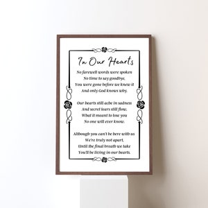 Funeral Poem In Our Hearts, Bereavement Poem Wall Art, Memorial Poem for Loss of Loved One, Sympathy Poem, Remembrance Poem Print
