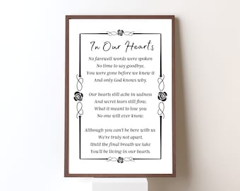 In Our Hearts, Bereavement Poem Wall Art, Funeral Poem, Memorial Poem for Loss of Loved One, Sympathy Poem, Remembrance Poem Print