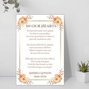 In Our Hearts, Personalised Funeral Grief Poem, Bereavement Poem, Memorial Poem for Loss of Loved One, Sympathy Poem, Remembrance Poem Print