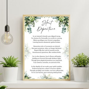Silent Departure, Bereavement Poem Wall Art, Funeral Poem, Memorial Poem for Loss of Loved One, Sympathy Poem, Remembrance Poem Print