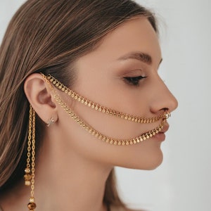 Nose to Ear chain, Fake Nose ring, Body Jewelry, Festival Jewelry, Burning Man, Face Chain, Nose Cuff, Lip cuff, Face Jewelry, Face Harness