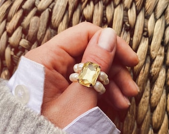 Boho Stretch Pearl Ring, Freshwater Pearl Ring, Stackable Beaded Ring, Crystal Elastic String, Gift For Her, Gemstone Ring, Swarovski Ring