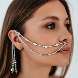 Nose to Ear chain, Fake Nose ring, Body Jewelry, Festival Jewelry, Burning Man, Face Chain, Nose Cuff, Lip cuff, Face Jewelry, Face Mask