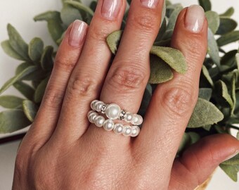 Set of Boho Stretch Pearl Ring, Pearl Ring, Stackable Beaded Ring, Handmade Small Beads Pearl Elastic String, Gift For Her, Stacking Ring