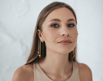 Catena Dal Naso All'orecchio, Anello Al Naso Finto, Gioielli Per Il Corpo, Gioielli Per Festival, Tribali, Burning Man, Catena Per Il Viso, Polsino Per Il Naso, Polsino Per Le Labbra, Gioielli Per - Foto 6