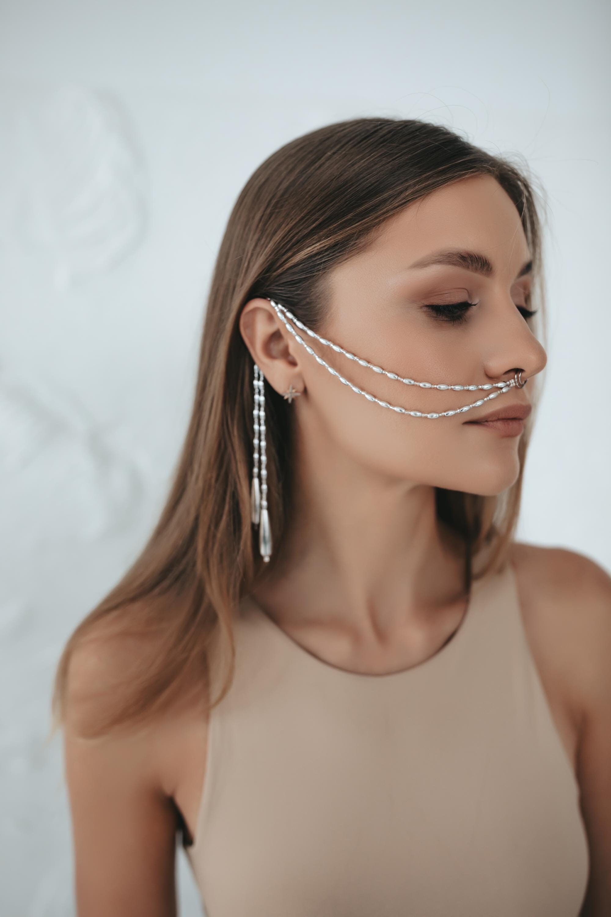 Nose cuff chain, Nose to Ear chain, No piercing, Fake nose ring, Body Jewelry, Festival Jewelry, Costume jewelry, Burning Man, Face Chain