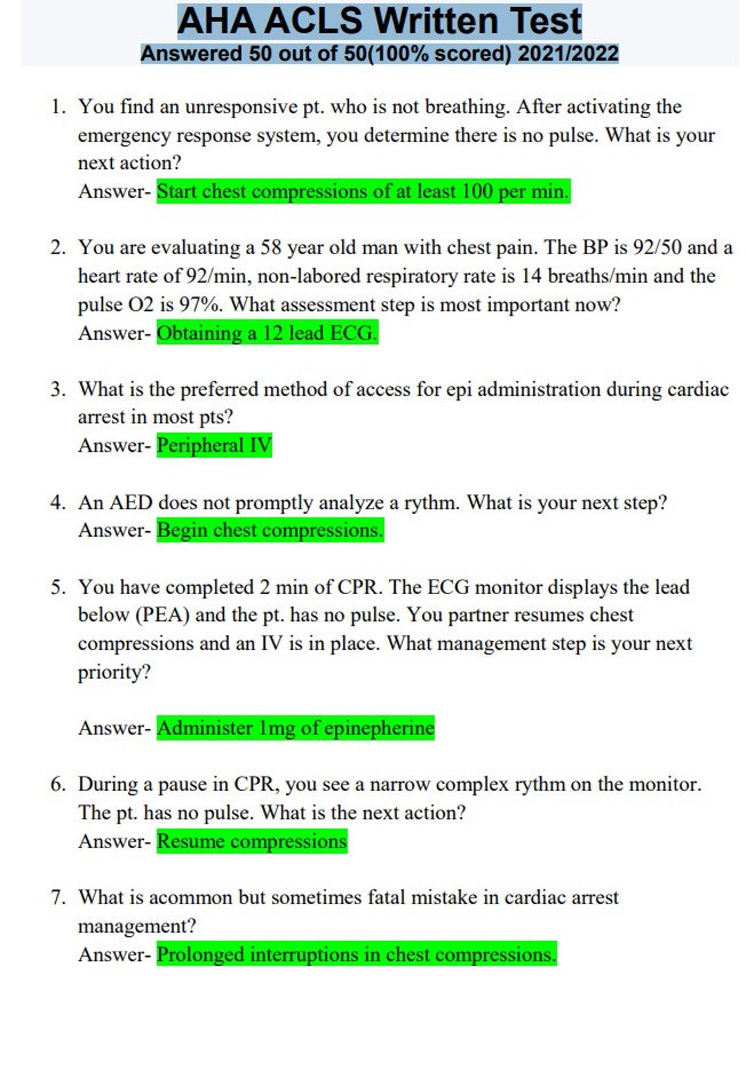 Acls 2020 Test Answers Acls 2020 Test Answers