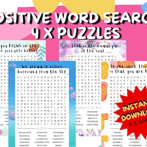 4 x POSITIVE Word Search Puzzle - Instant Digital Printable Games  | Fun Brain Teaser for Teens Adults Seniors