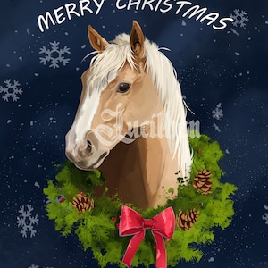 Pferd Weihnachtskarte, druckbare Pferdekarte, Grußkarte, Weihnachtskarte, Palomino Pferd, Schlauch mit Kranz, digitale Karte, druckbare Karte