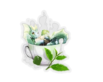 Etiqueta engomada del dragón del té, té de menta, dragón, dragón lindo en taza de té, taza de té, dragón lindo, adorable, cafeína, hoja de té, pegatina