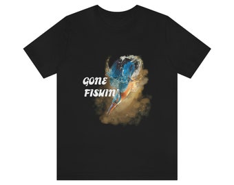 Gone Fishing Kingfisher, Diving Bird, Bird Lovers, Kingfisher Diving; Camiseta Kingfisher, camiseta amante de los pájaros, camiseta Kingfisher, camiseta de pesca