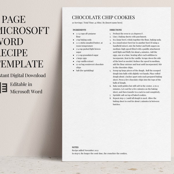 Microsoft Word Recipe Sheet Template Editable, 4 Recipe Page Template, Recipe Cookbook Template, Simple Modern Minimalist Design, A4, 8.5x11