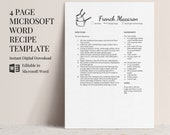 Microsoft Word Recipe Template Editable, 4 Recipe Page Template, Recipe Cookbook Template, Illustrative Design, A4, 8.5x11