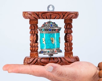 Prayer Wheel with Mantra • Wall Mounted Wooden + Stone Setting Prayer Wheel • Coral, lapis, & turquoise inlay stones