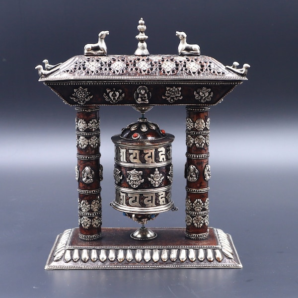 Tibetan Prayer Wheel with Incense Holder w Astamangal Symbols • Om Mane Padme Hum • Handmade Buddhism Collectible • Handmade in Nepal