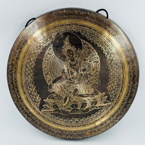 30% Off Today!!! Tibetan Gong GREENTARA MANTRA handmade in Nepal AUTHENTIC for Sound Healing Sound Bath Sessions With stand 50 cm