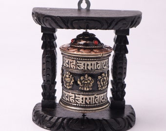 Tibetan Prayer Wheel Wall Mounted Wooden Frame • Om Mani Padme Hum • 8 Auspicious Symbols Buddhist Prayer Wheel • Handmade in Nepal