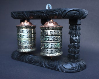 Wall Mounted Spinning Prayer Wheel • Four Rows Hand Carved Mantra Two Wheeled Tibetan Prayer Wheel • Handmade in Nepal