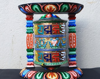 Colorful Handcrafted Prayer Wheel • Mantra and Astamangala Symbols • Spiritual Art and Meditation Decor