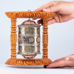 Tibetan Prayer Wheel • Wall Mounted Buddhist Wooden Om Mani Padme Hum Mantra Carved Spinning Prayer Wheel • Tibetan Handmade Spinning Wheel