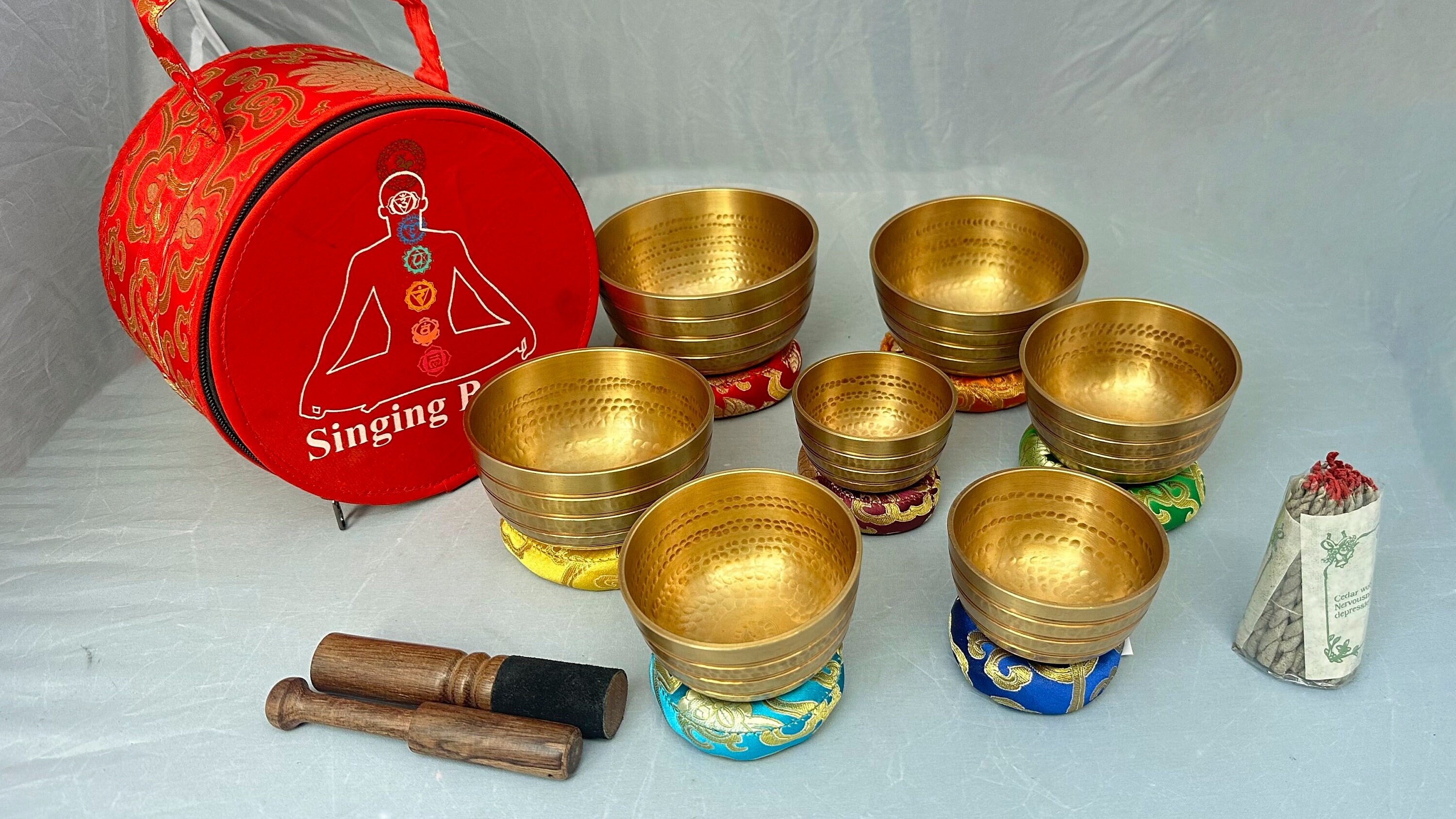 Hand Beaten SINGING BOWL SET of 7 Chakra Healing and Balancing Tibetan