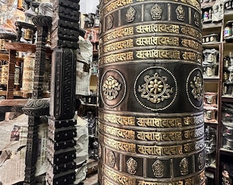 34 inch tall Tibetan PRAYER WHEEL • BIG size Buddhist Prayer Wheel Black with Mantra Inside • Handmade in Nepal