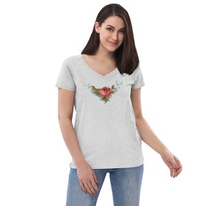 Frauen Rosen 100 Prozent recycelt, umweltfreundlich, V-Ausschnitt T-Shirt, Valentinstagsgeschenk, Muttertagsgeschenk